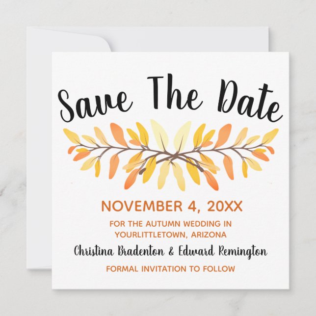 Anuncio Boda Ahorrar Fecha Rústico Mínimo Hojas de Otoño (Anverso)