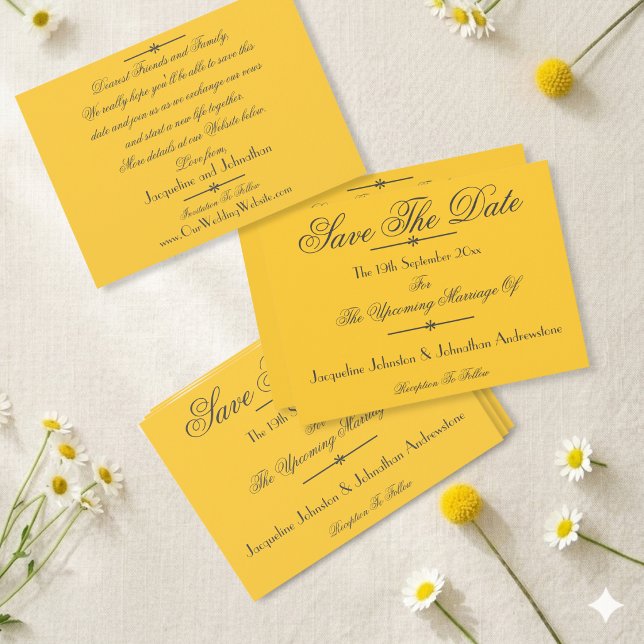 Anuncio Boda Amarillo Soleado Oscuro Script Salva La Fecha (Just lovely! A timeless elegant classic.)