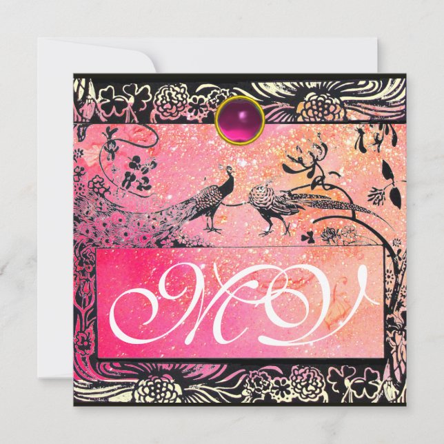 Anuncio BODA AMOR AVES MONOGRAMA rubí rosa negro amarillo (Anverso)