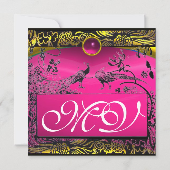 Anuncio BODA AMOR AVES MONOGRAMA rubí rosa negro amarillo (Anverso)