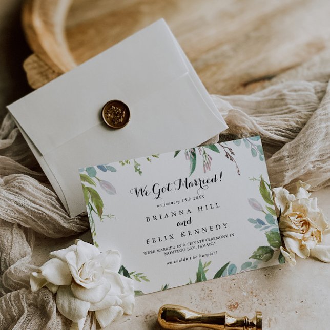 Anuncio Boda con Caligrafía Moderna Tropical Verde (Subido por el creador)