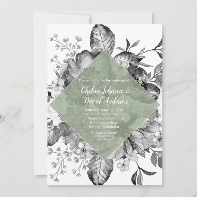 Anuncio Boda de Acuarela Floral Blanco Negro Verde (Anverso)