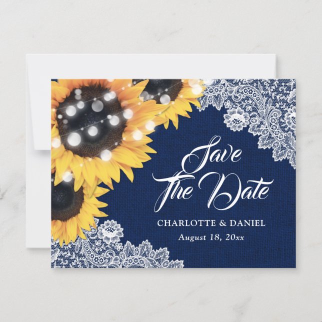 Anuncio Boda de encaje de arpillera de girasol azul marino (Anverso)