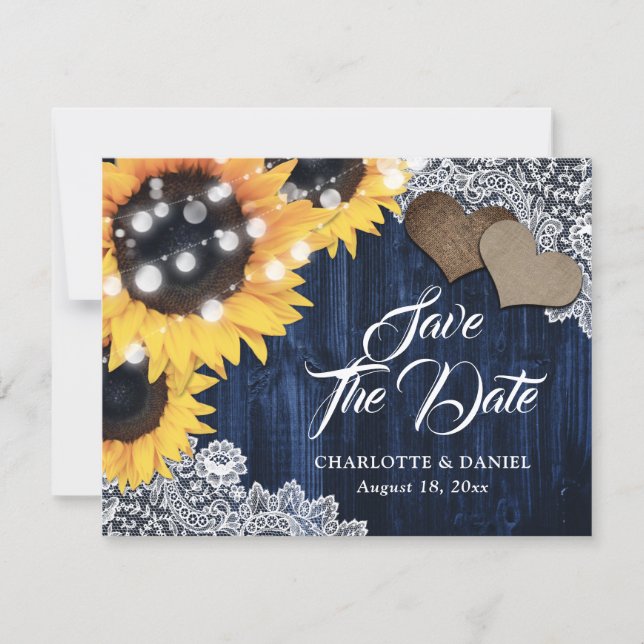 Anuncio Boda de girasol azul marino con encaje de madera (Anverso)