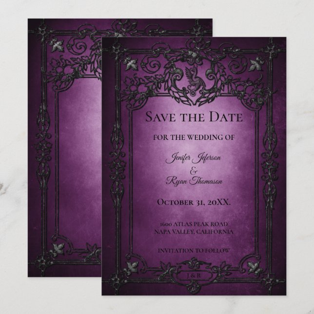 Anuncio Boda de Halloween gótica morada guardar la fecha (Anverso / Reverso)