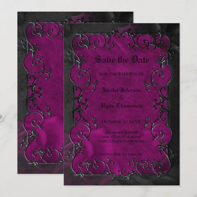 Anuncio Boda de Halloween gótica morada, guarden la fecha (Anverso / Reverso)