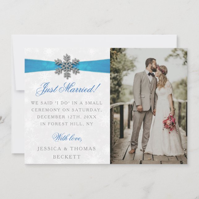 Anuncio Boda de Invierno Diamante Snowflake & Blue Ribbon (Anverso)