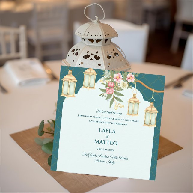 Anuncio Boda de Linterna Dorada Floral Azul Teal (Floral Teal Blue Golden Lantern Wedding Announcement)