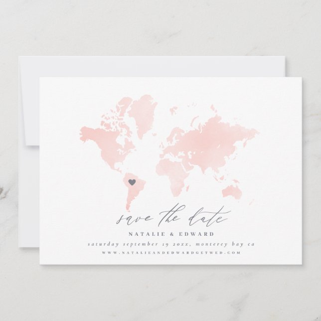 Anuncio Boda de mapa del mundo de la acuarela rosa (Anverso)