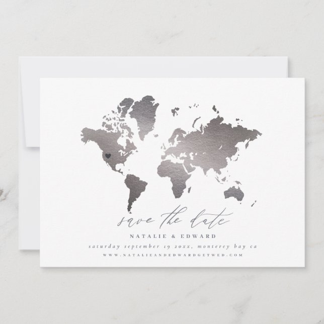 Anuncio Boda de mapa del mundo metálico plateado (Anverso)