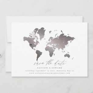 Anuncio Boda de mapa del mundo metálico plateado