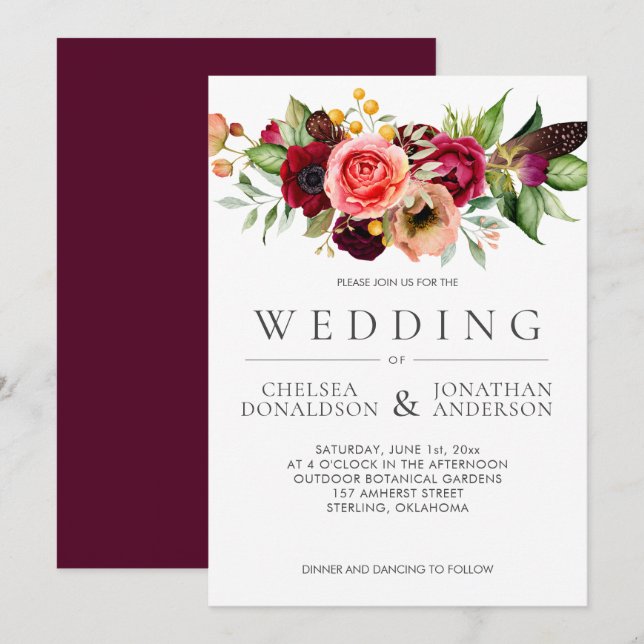 Anuncio Boda de pluma floral bohemia de Borgoña | (Anverso / Reverso)