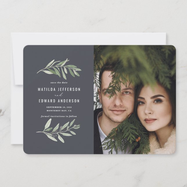 Anuncio boda del sabio de foto de la rama de olivo clásica (Anverso)