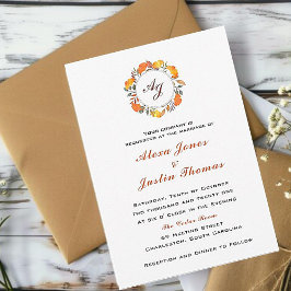 Anuncio Boda elegante con monograma y follaje de otoño