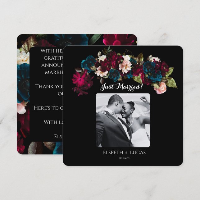 Anuncio Boda floral romántico negro, borgoña y Verde azula (Anverso / Reverso)