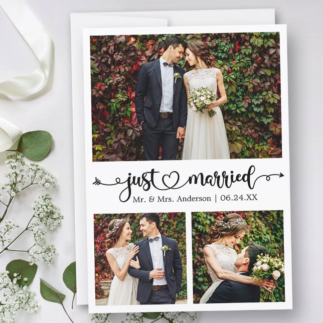 Anuncio Boda fotográfico Corazón 3 de calligrafía casada (Customize to change your personalized text size, text style or to add text to back of card.)