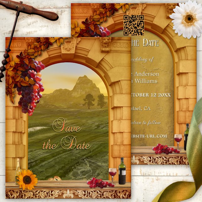Anuncio Boda italiana de viñas salva la fecha (Italian Save the Date card with classic Roman arch and grapes with red wine - with QR code template)
