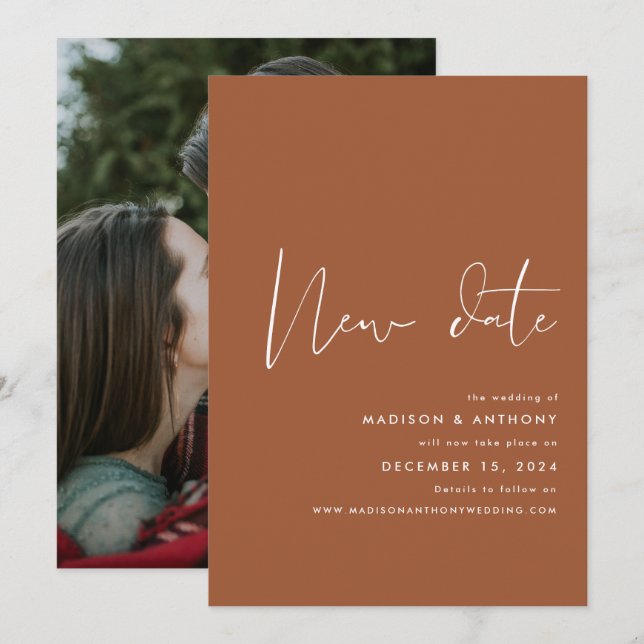 Anuncio Boda Nueva Fecha Foto Minimalista Terracota  (Anverso / Reverso)