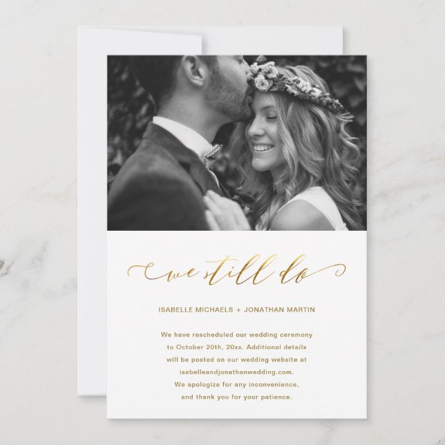 Anuncio Boda Posposición Faux Gold Seguimos Haciendo Foto (Anverso)