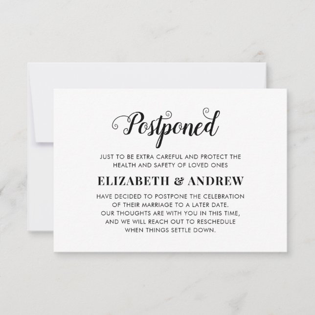 Anuncio Boda pospuesta cambio de planes escritura elegante (Anverso)