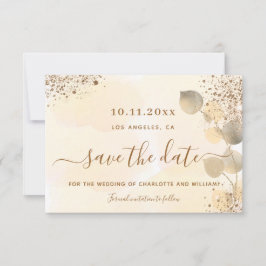 Anuncio Boda purpurina dorada Eucalyptus, salva la fecha