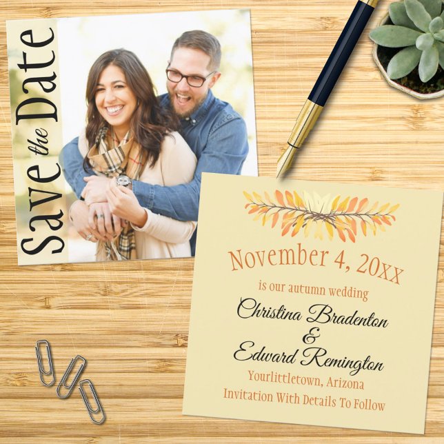 Anuncio Boda Salvar La Fecha Mínima De Las Hojas Rústicas  (Front and Back square template design save the date announcement)