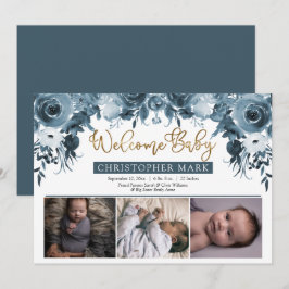 Anuncio Boho Boy 3 Foto Blue Watercolor Dorado Nacimiento 