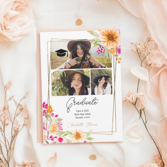 Anuncio Boho Moda 3 Foto Acuarela Graduación Floral (Boho Chic 3 Photo Watercolor Floral Graduation Announcement)