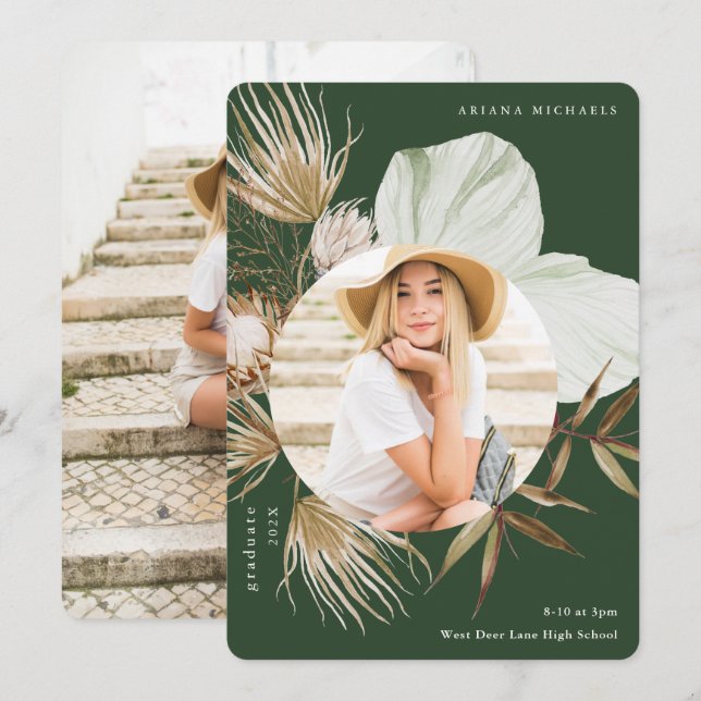 Anuncio Boho Wreath Dos Graduación de Foto Verde (Anverso / Reverso)