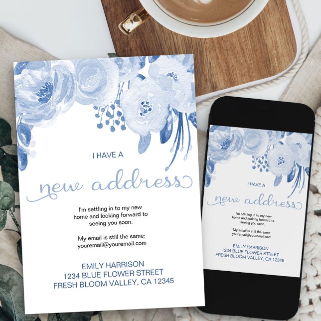 Anuncio Bonito Floral Dusty Azul Nueva dirección Movimient (dusty blue flowers new address card available printed or as printable digital download)