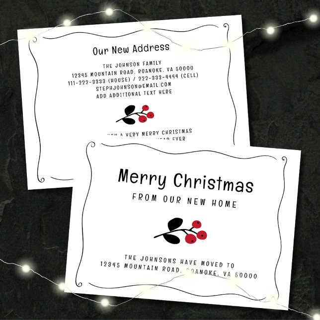 Anuncio Borde Ondulado Bayas Rojas Vacaciones Animadas (Zazzle Wavy Border Red Christmas Berries Holiday Moving Announcement Flat Card)