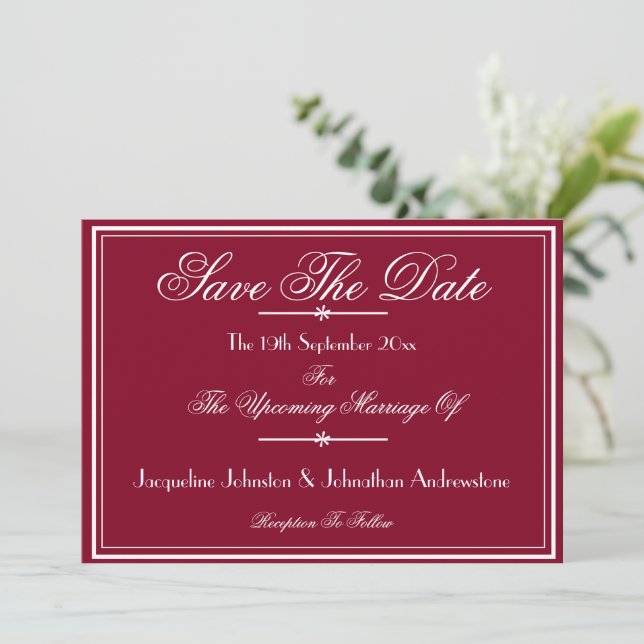 Anuncio Bordes de guión blanco chic burgundy Save The Date (Anverso de pie)