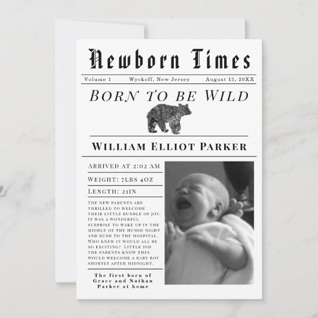Anuncio Born to be Wild Newborn Times Birth Announcement (Anverso)