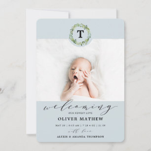 Anuncio Boy Blue Eucalyptus Greenery Monograma Nacimiento 