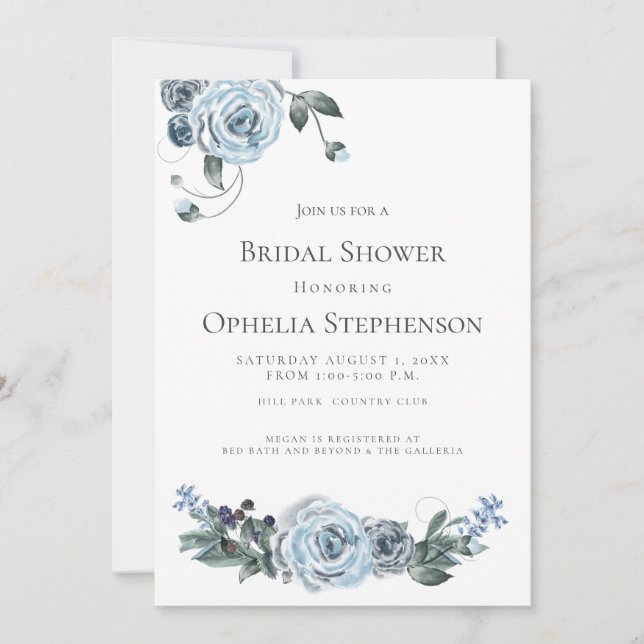 Anuncio Bridal Shower | Acuarela Dusty Floral Azul (Anverso)