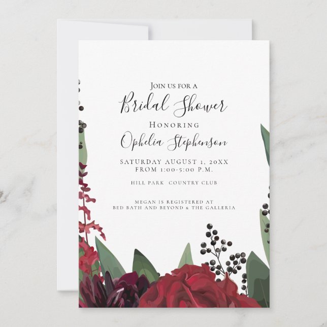 Anuncio Bridal Shower | Elegante floral de Borgoña Marsala (Anverso)