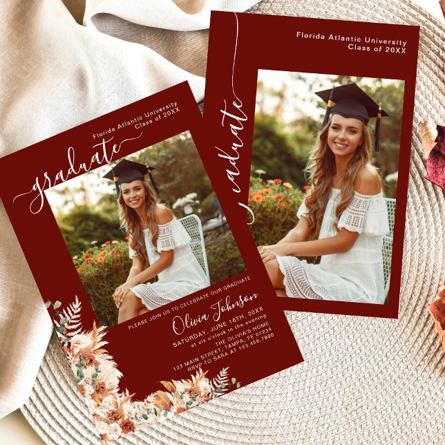 Anuncio Burgundy Boho Floral Photo Graduation Announcement (Subido por el creador)