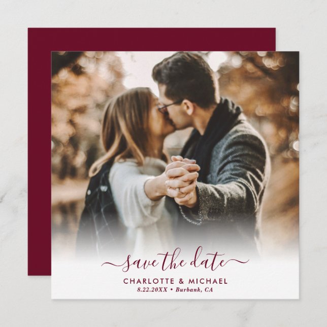 Anuncio Burgundy Elegant Modern Script Boda Foto (Anverso / Reverso)