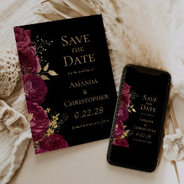 Anuncio Burgundy Gold Black Floral Save the Date