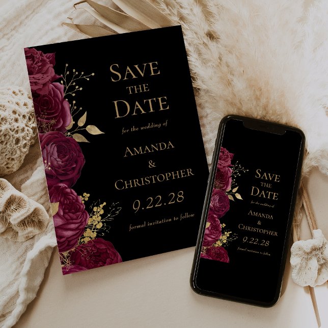 Anuncio Burgundy Gold Black Floral Save the Date (Subido por el creador)