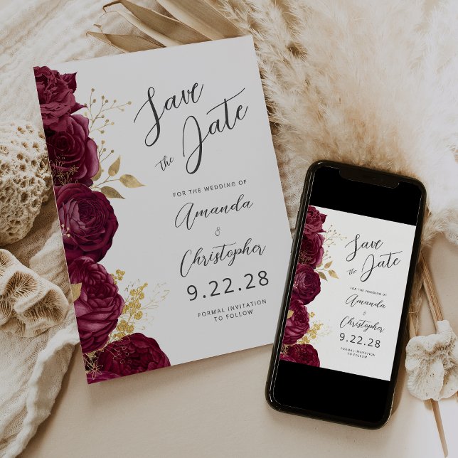 Anuncio Burgundy Gold Floral Script Guarde la Fecha (Subido por el creador)