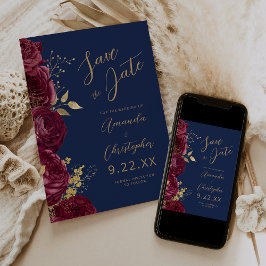Anuncio Burgundy Gold Floral Script Navy Guardar la Fecha