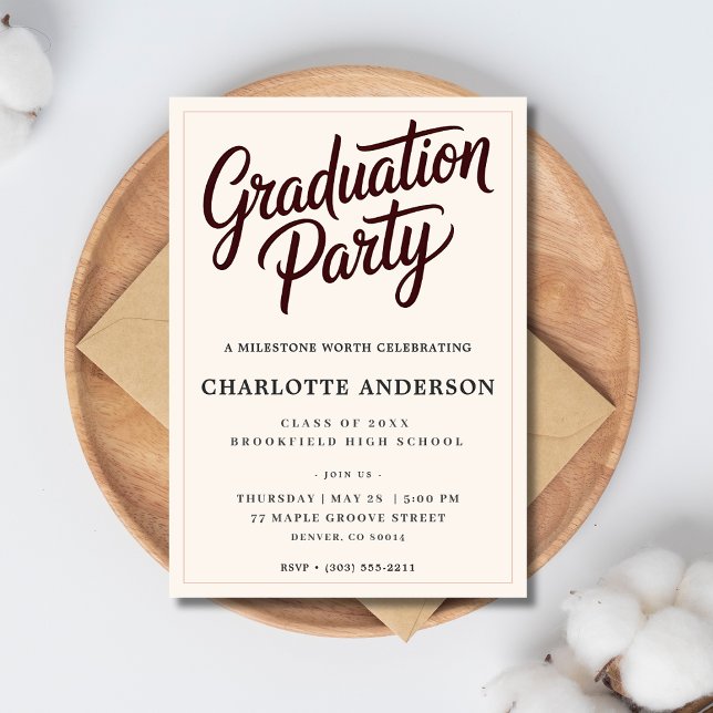 Anuncio Burgundy Script Graduation Party Invitation (Subido por el creador)
