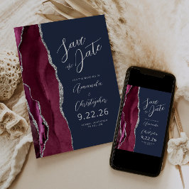 Anuncio Burgundy Silver Agate Script Navy Save the Date