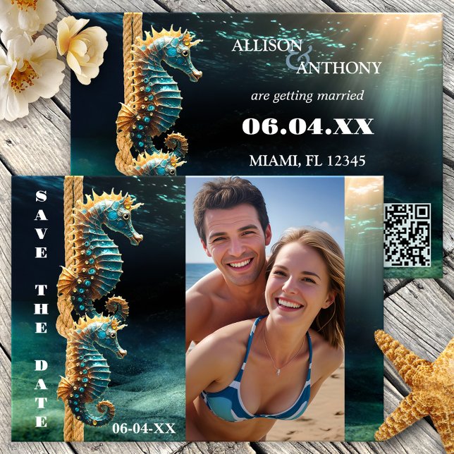 Anuncio Caballos náuticos de mar foto oceánica salvar la f (Save the Date card featuring your photo on an underwater scene with seahorses tying the knot - QR)