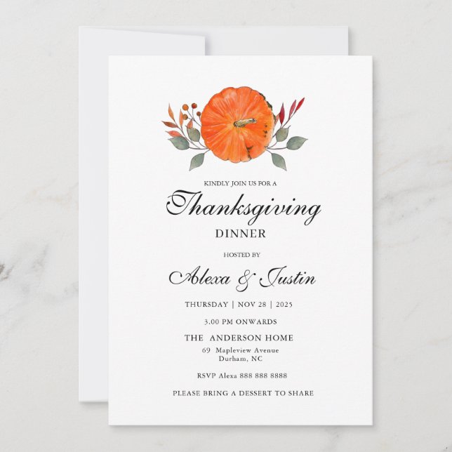 Anuncio Calabaza acuarela Cena de Acción de Gracias Invita (Anverso)