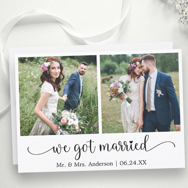 Anuncio Caligrafía cardíaca nos casamos con dos fotos (Customize to change your personalized text size, text style or to add text to back of card.)