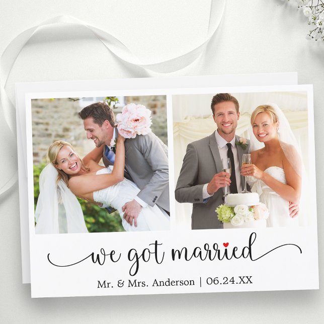 Anuncio Caligrafía Corazón Rojo 2 Foto Nos Casamos (Customize to change your personalized text size, text style or to add text to back of card.)