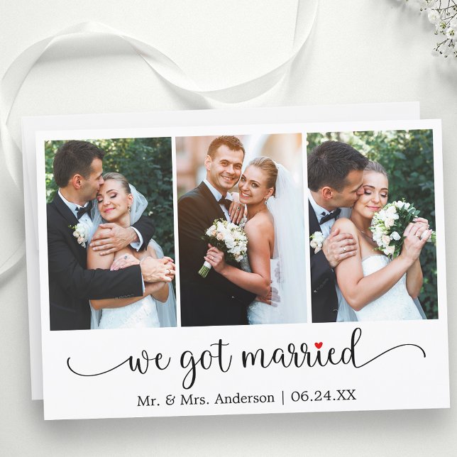 Anuncio Caligrafía Corazón Rojo 3 Foto Nos Casamos (Customize to change your personalized text size, text style or to add text to back of card.)