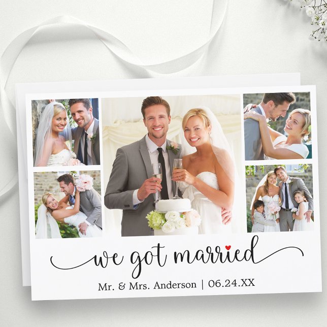 Anuncio Caligrafía Corazón Rojo 5 Foto Nos Casamos (Customize to change your personalized text size, text style or to add text to back of card.)